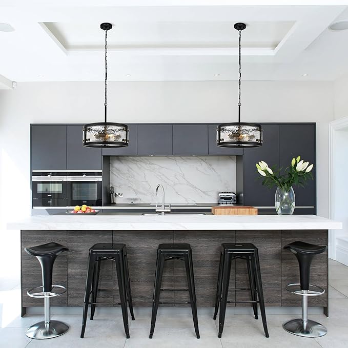 13" Industrial Drum Glass Chandelier, 3-Light Rustic Hanging Pendant Lights, Metal Round Lighting Fixture for Dining Room Foyer Entryway Hallway Bedroom, Clear Waterglass Drum Shade-CasaMuseHome