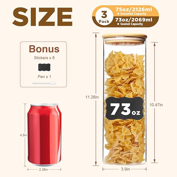 73oz Glass Pasta Storage Jars, Tall Glass Jars with Bamboo Lids, Spaghetti Container, Set of 3, Kitchen Storage Containers for Pasta, Pantry Organizers-CasaMuseHome