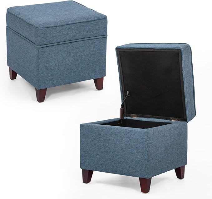 Adeco 17" Square Ottoman with Storage, Small Blue Storage Ottoman Foot Rest with Hinged Lid & Solid Wood Legs, Linen Fabric Foot Stool for Living Room & Bedroom-CasaMuseHome