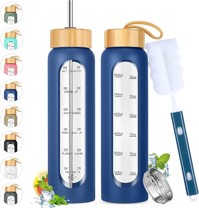 32 oz Glass Water Bottle with Straw - Motivational Time Marker & Silicone Sleeve - Reusable Tumbler Includes 2 Bamboo Lids & Fruit Infuser - 1 Pack-CasaMuseHome
