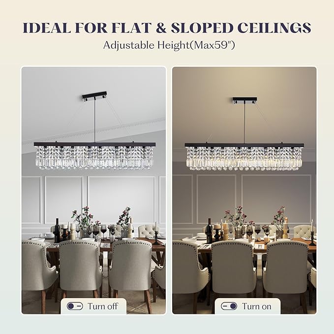 8 Light Modern Crystal Chandelier for Dining Room,Rectangular Rectangle Raindrop Crystal Light Fixture,Height Adjustable for Kitchen Island L40''xW10''xH10''-CasaMuseHome