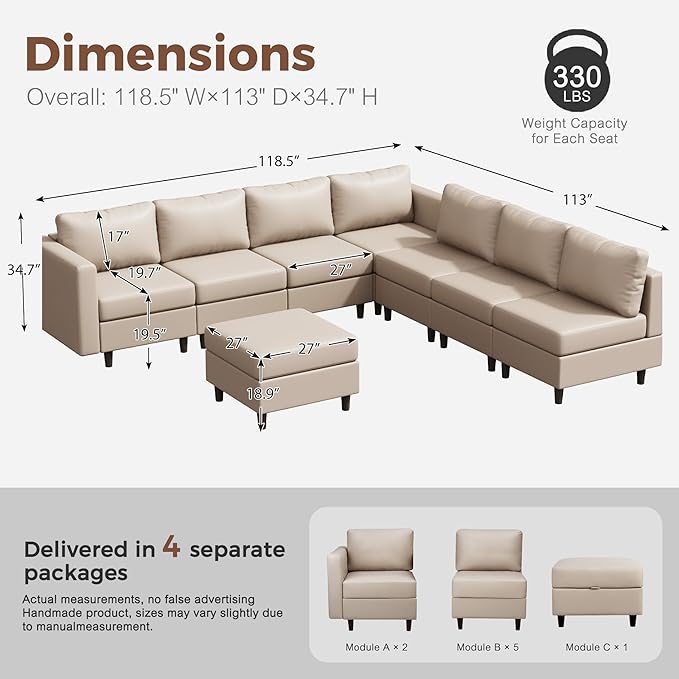 118.5" Faux Leather Modular Sectional Convertible Sofa, L Shaped Couch Set for Living Room, Large 8-Seater Comfy Cloud Couches with Movable Storage Ottoman DIY Combination - Whitesand-CasaMuseHome