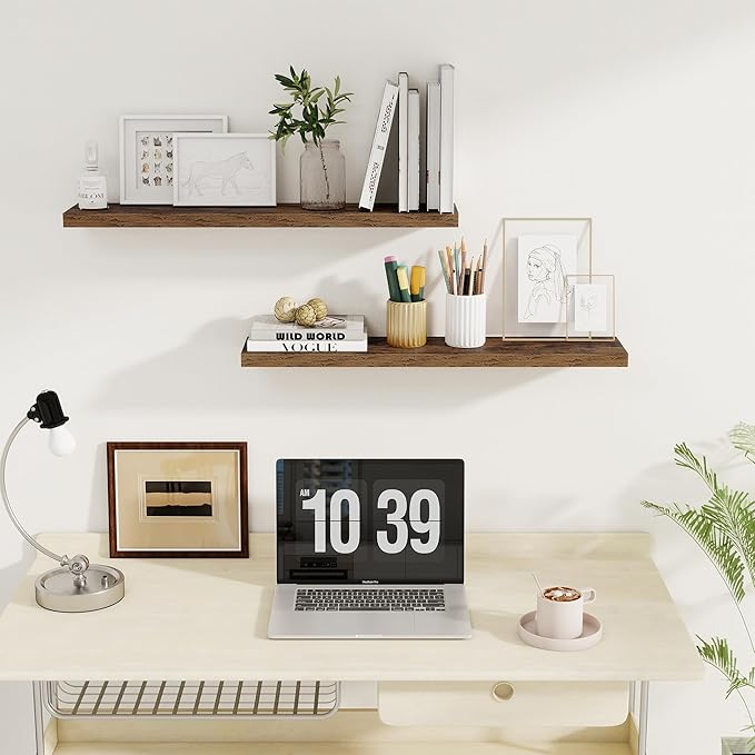 32Inch Floating Shelves for Wall 2 Pack Wood Shelves for Kitchen, Bathroom, Bedroom Wall Mounted Rustic Wood Floating Shelf with Invisible Brackets for Books, Storage, Decor, Rustic Brown-CasaMuseHome