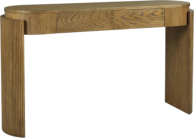 55" Sofa Table with Oval Top and 2 Drawers, Entryway Console Table with Fluted Design for Hallway,Foyer,Entry and Living Room (Fully Assembled-Pine Wood)-CasaMuseHome