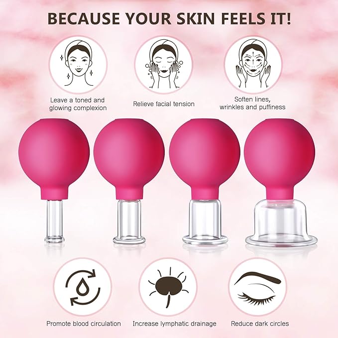 4 Size Facial Cupping Therapy Set Glass, Eye Face Vacuum Massage Anti Cellulite Cup - Silicone, for Beauty Body Cup Lymphatic Fascia Massager (Gift Box Packaging-red)-CasaMuseHome