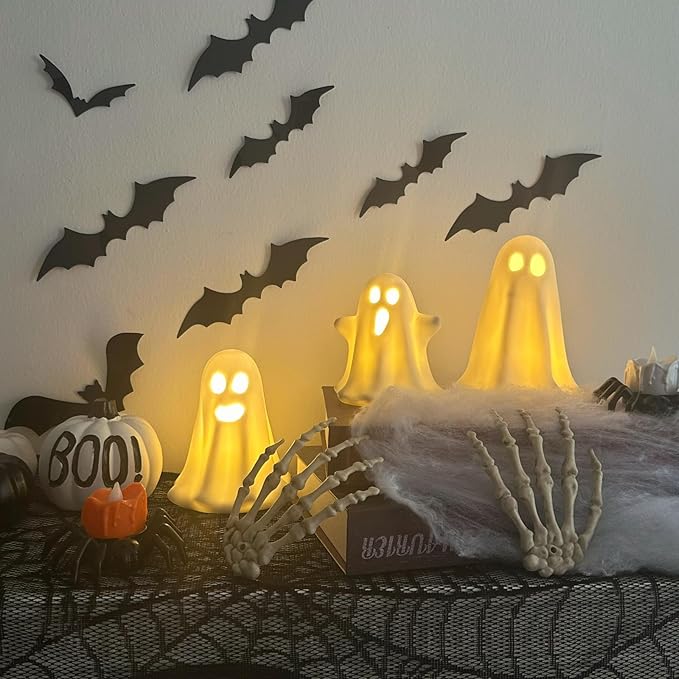3 Pack Halloween Ceramic Ghost Decor, Light Up Ghost Halloween Decor, Cute Ghost Figurines for Table Tray Fireplace Home Indoor Decoration-CasaMuseHome