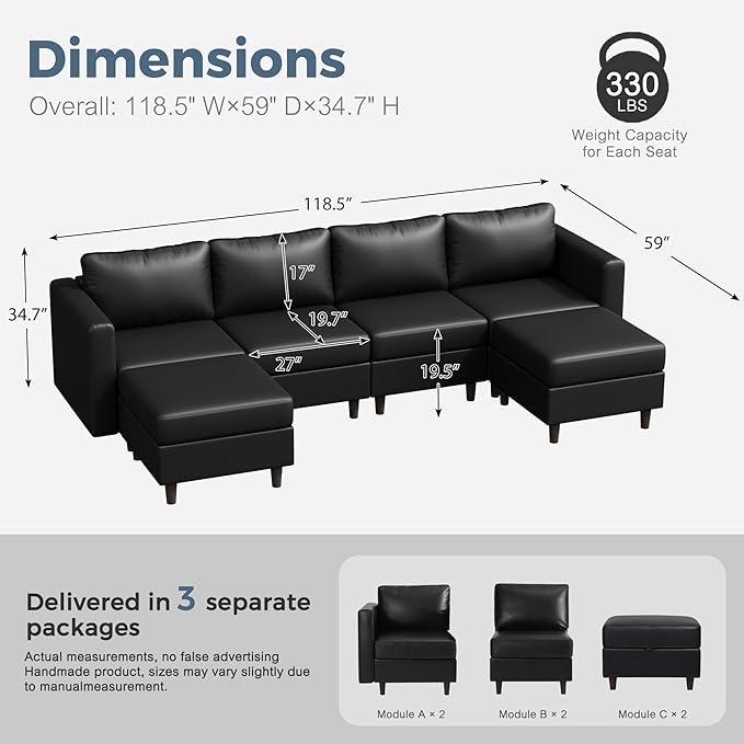 118.5" Oversized Modular Sectional Sofa, Faux Leather 6 Seater U Shaped Couch with Movable Ottoman and Storage Seat with Reversible Chaise Deep Seat for Living Room Black-CasaMuseHome