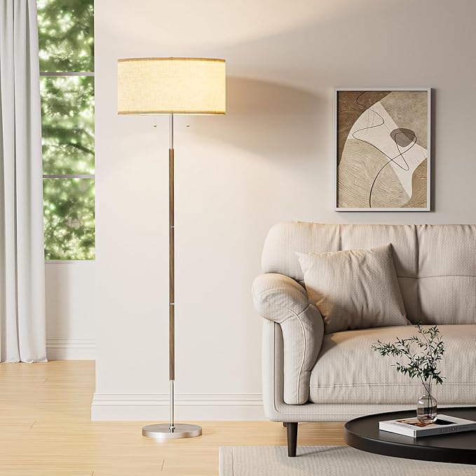 2-Light Floor Lamp, Mid Century Floor Lamp with Beige Lampshade, Standing Lamp Tall Lamp for Living Room Bedroom, 3 Color Temperatures 9W Bulb Include-CasaMuseHome