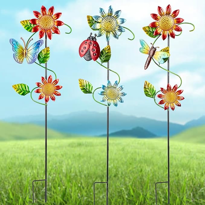 3 Pcs Sunflower＆Butterly＆Ladybug＆Dragonfly Decorative Garden Stakes,23.5 in Metal Sunflower Yard Art for Outside Decor,Spring Outdoor Decor for Mom,Women,Grandma-CasaMuseHome