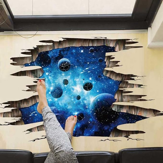 3D Space Floor Sticker,Blue Galaxy Wall Decal-Removable Mural for Kids Bedroom Living Room Milky Way Decorations-CasaMuseHome
