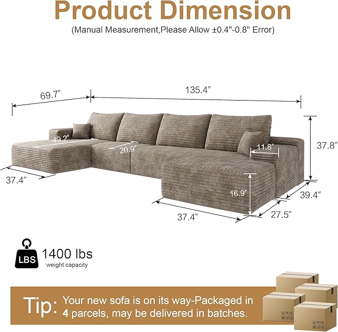 136" Sectional Couches for Living Room Modern Modular Sofa with L-Shape Couchs Upholstered Boneless Couch Deep Seat Sectional Couch with Chaise (Camel, Left Facing Chaise+3Seaters+Ottoman)-CasaMuseHome