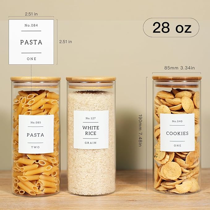 6 Pack Glass Jar with Airtight Bamboo Lid and White 132 Kichen Pantry Labels Preprinted - 28 Oz Clear Round Glass Food Storage Containers set For Tea Coffee Bean Cookie-CasaMuseHome