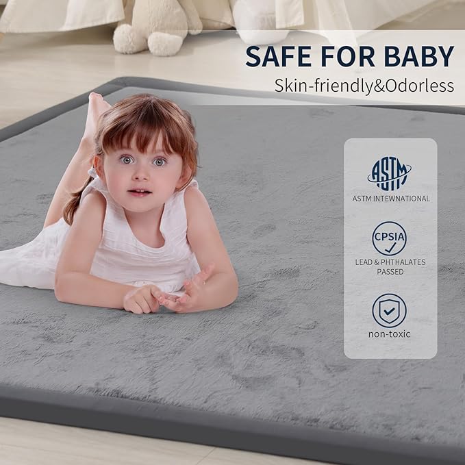 ACOMOPACK Baby Play Mat for Floor 1.3" Thick Memory Foam Play Mat 59"×71" Tummy Time Crawling with Non-Slip Bottom for Living Room,Nursery,Soft Velvet Playpen Mats for Kids,Infants（Dark Grey）-CasaMuseHome
