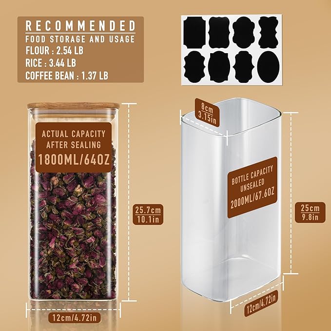 64oz Rectangle Airtight Glass Storage Containers with Bamboo Lids (Set of 3), Square Food Storage Jar, Pantry Organizers for Cereal, Flour, Pasta and Coffee beans (‎with Black Lable)-CasaMuseHome