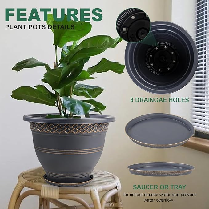 4 Pack 12 Inch Large Plant Pots, Plastic Flower Pot for Indoor & Outdoor with Drainage Holes & Saucer, Plaid Pattern Planters Garden Pots for Herbs-CasaMuseHome