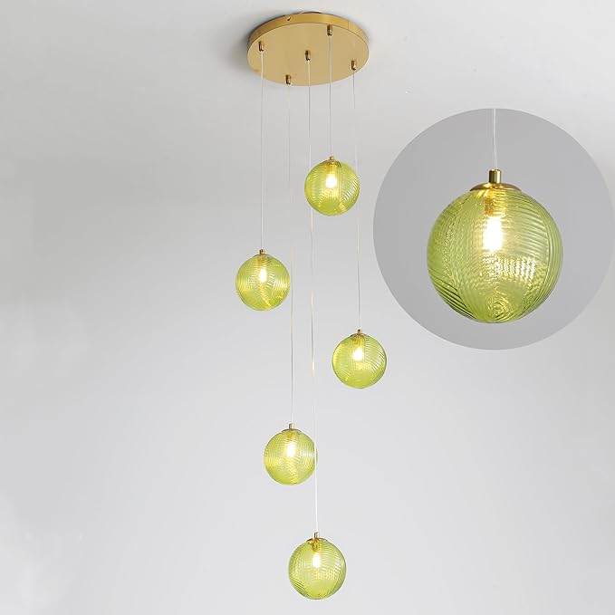 5-Light Chandelier, Globe Green Glass Flush Mount Pendant Light,15W Ceiling Hanging Light for Staircase Foyer Entryway Living Room Hotel Kitchen Island（3000K,G9 Bulbs Include）-CasaMuseHome