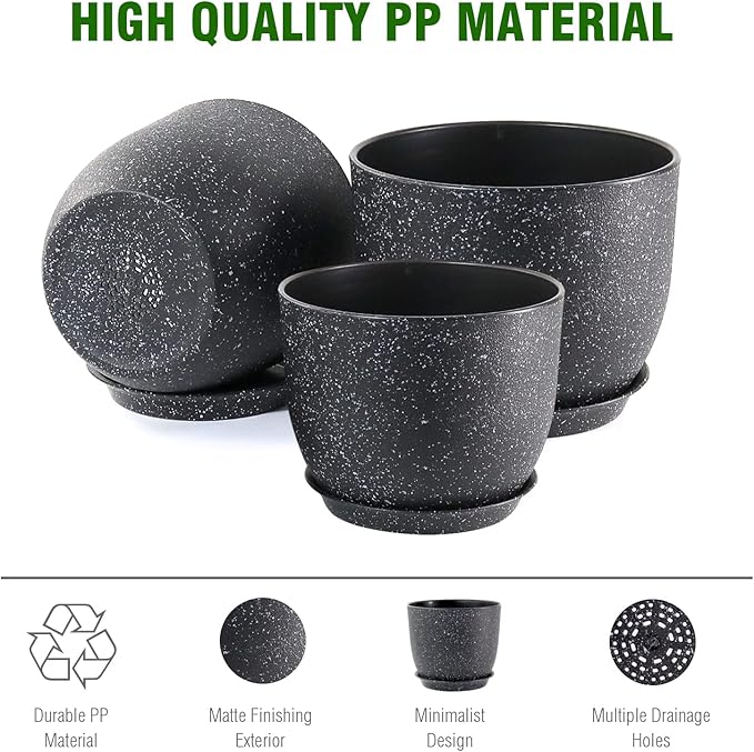 9/8/7.5 inch Plant Pots, Set of 3 Modern Decorative Plastic Planters with Drainage Holes and Saucer for Garden House Plants, Flower Pots for Indoor Outdoor Plants, Speckled Black-CasaMuseHome