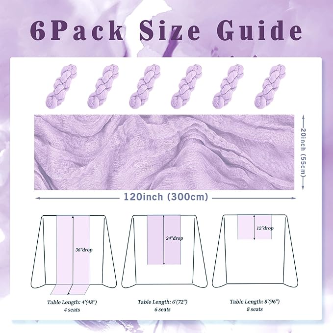 6 Pack Lilac Cheesecloth Table Runner 10FT Rustic Gauze Cheese Cloth Table Runner for Wedding 20 x 120 Inch Long Bridal Baby Shower Table Decor Boho Fabric Sheer Birthday Party Table Decorations-CasaMuseHome
