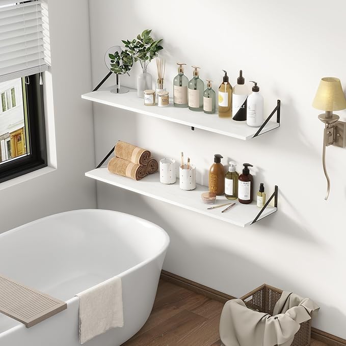 12 Inch Deep Floating Shelves, White Floating Shelves 48W x 12D, Deep Wall Shelves Bracket Set of 2, Large Display Hanging Floating Shelf for Bathroom, Living Room, Wide Storage Wooden Wall Shelf-CasaMuseHome