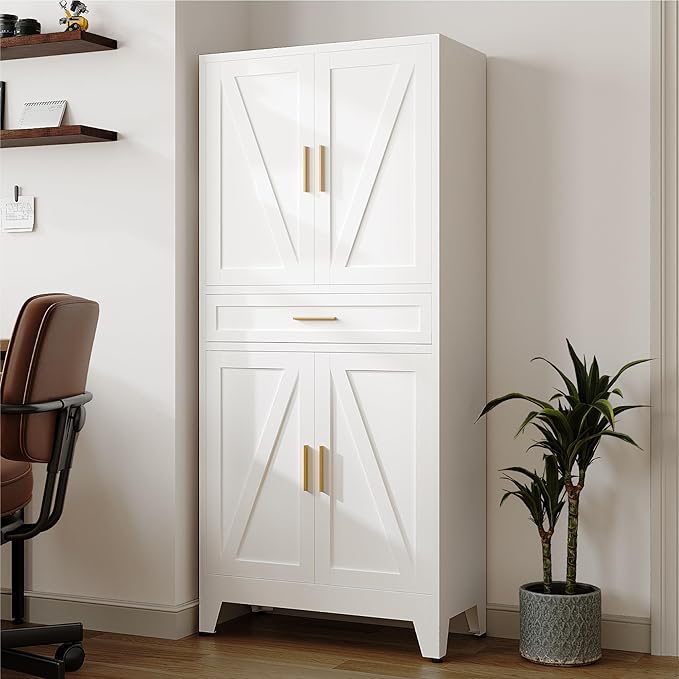 71 "Farmhouse Metal Filing Cabinet with a Drawer and 4 Adjustable Shelves, with 4 Large barn Door White Kitchen Cabinets, Metal Food Cabinets for Home, Kitchen, Dining/Living Room (White)-CasaMuseHome