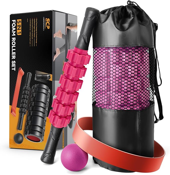 5 in 1 Foam Roller Set for Deep Tissue Muscle Massage, High Density Fitness Exercise Foam Roller, Massage Roller, Massage Ball, Resistance Band, for Whole Body (Pink-Black)-CasaMuseHome