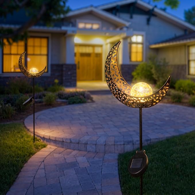 2Pack Moon Garden Solar Lights Outdoor Stakes Waterproof, Gifts for Mom, Crackle Glass Patio, Backyard Decorations, Balcony Lawn Ornaments, for Women Men Grandma (Bronze)-CasaMuseHome