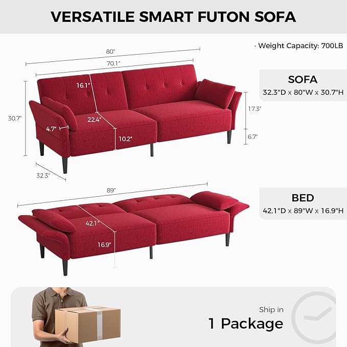 89” Futon Sofa Bed, Linen Comfy Futon Couch Bed with 2 Square Pillows, Convertible Sleeper Sofa with Adjustable Backrest& Armrests, Modern Loveseat Sleeper for Living Room, Bedroom, Red-CasaMuseHome