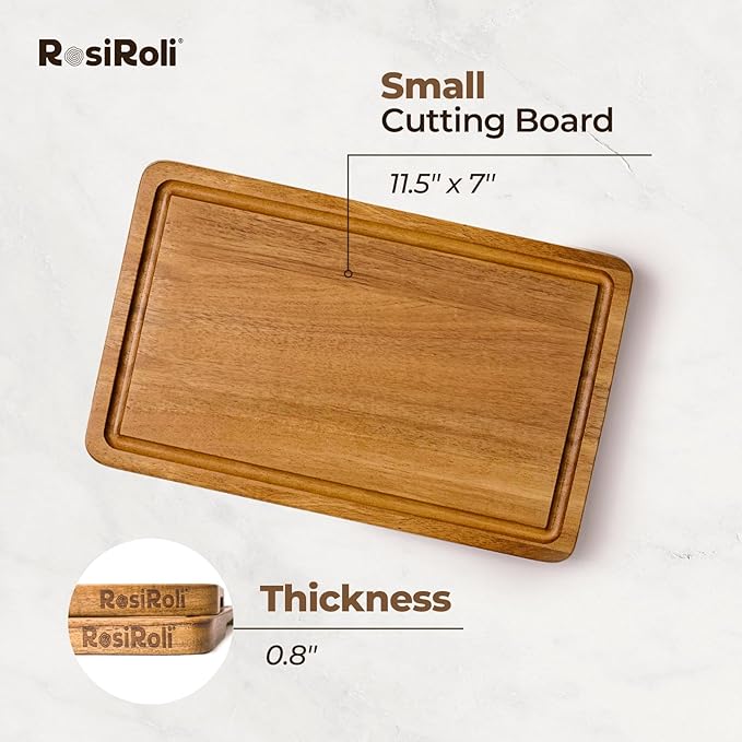 Acacia Wood Cutting Board for Kitchen - 0.8 inch Thick Wood Charcuterie Cheese Board with Side Handles and Juice Grooves, Wooden Chopping Block for Meat and Veggies, 11.5x7 inch-CasaMuseHome