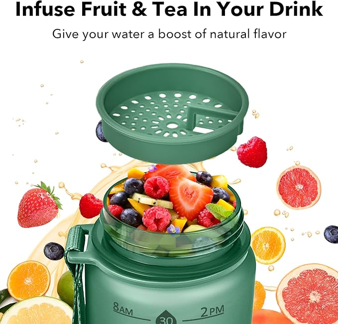 32oz Motivational Water Bottles with Time Marker & Fruit Strainer, Transparent Gradient Color Water Bottle with Times to Drink, Leakproof & BPA Free, Reusable Bottle with Strap (No Straw)-CasaMuseHome
