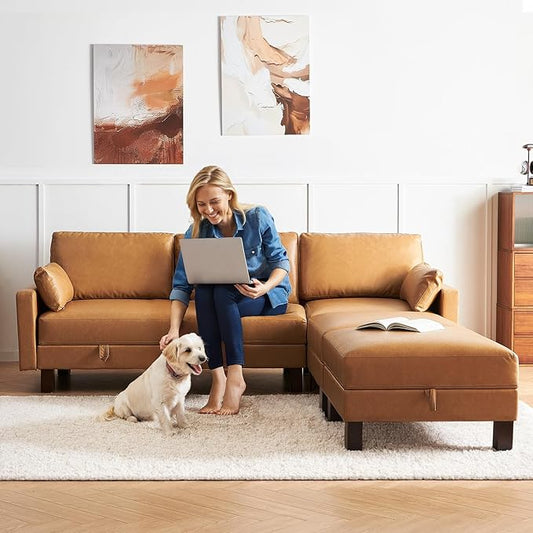 5 Seater Faux Leather Sofa Couch, 98'' L Shape Sectional Couch, Mid Century Modern Decor, Office Sectional Sofa Bed, for House, Apartment, Living Room, Tan-CasaMuseHome