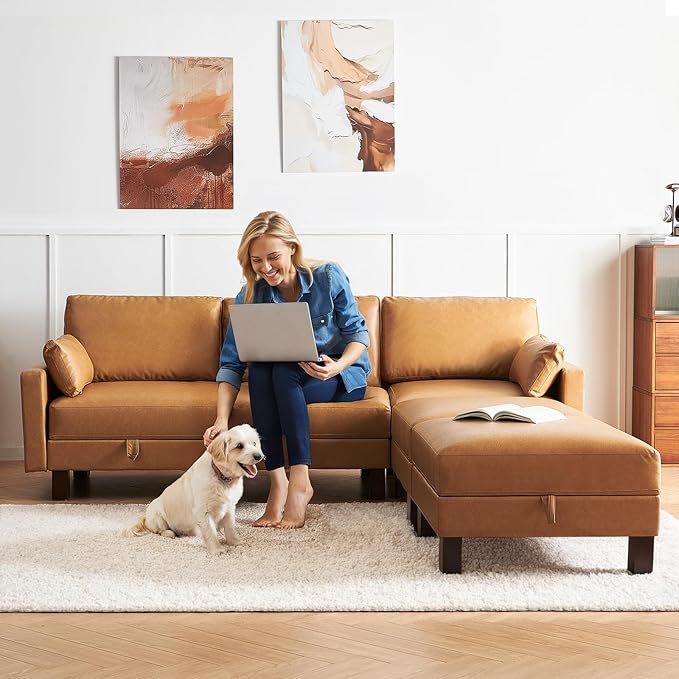 5 Seater Faux Leather Sofa Couch, 98'' L Shape Sectional Couch, Mid Century Modern Decor, Office Sectional Sofa Bed, for House, Apartment, Living Room, Tan-CasaMuseHome