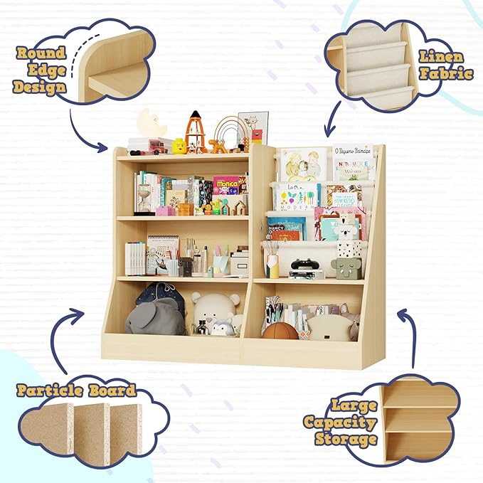 39" Large Kids Wooden Bookshelf and Toy Storage Organizer, Baby Bookcase with Sling Book Rack, Children Toddler Wooden Book Shelf for kids rooms, Playroom, Classroom, Nursery, School (Natural)-CasaMuseHome
