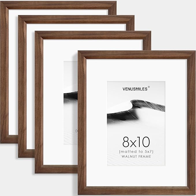 8x10 Picture Frame Set of 4 Natural Solid Walnut Photo Frames with 5x7 Removable Mat Wall Hanging Large Handcrafted Frame with HD Plexiglass Wall and Tabletop Display Large Poster Frame-CasaMuseHome