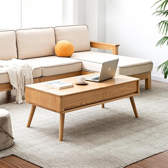 100% Solid Wood Lift Top Coffee Table for Living Room, Mid Century Modern Tables with Drawers and Large Storage, Oak Coffee Tables for Small Spaces (Oak Wood Log, 47.24" W x 23.62" D x 25.59" H)-CasaMuseHome