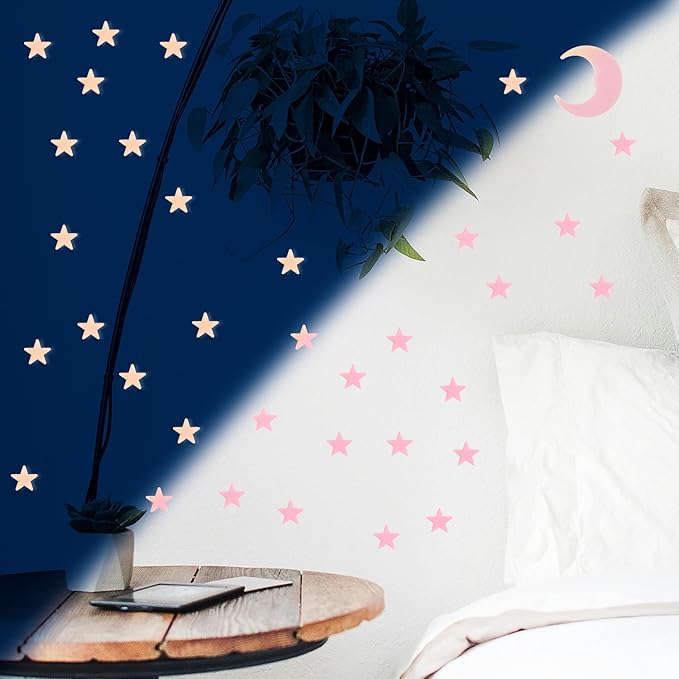 100 Stars and 1 Moon Glow in The Dark Luminous Fluorescent 3D Plastic Glow Stars Moon for Ceiling, Glowing Wall Stickers Create a Realistic Starry Sky, Room Decorations (Pink)-CasaMuseHome