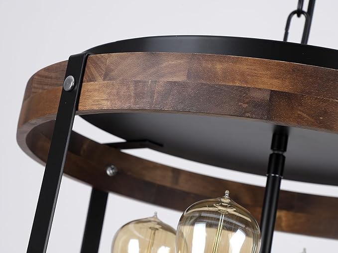 4-Light Large Rustic Farmhouse Plug in Pendant Light Fixture with Adjustable Chain, Dimmable Switch, 16.5 inch Oak Wood Drum Hanging Lamp for Dining Room Living Room Farmhouse Entry, Black-CasaMuseHome