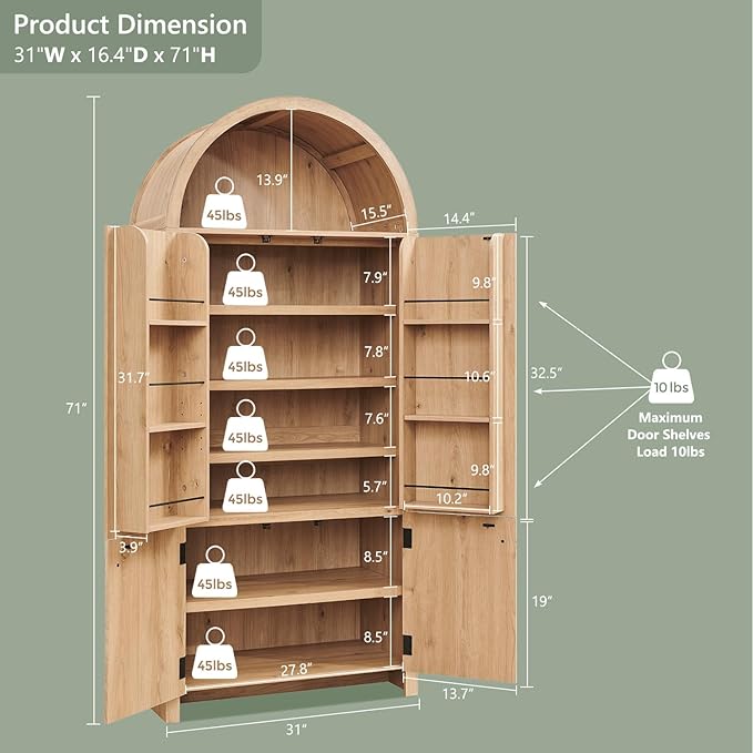 71" Tall Arched Bathroom Storage Cabinet, Modern Fluted Storage Cabinet w/Doors, 3 Adjustable Shelves, 6 Door Shelves, Wood Freestanding Cabinet for Bathroom, Entryway, Hallway, Natural-CasaMuseHome