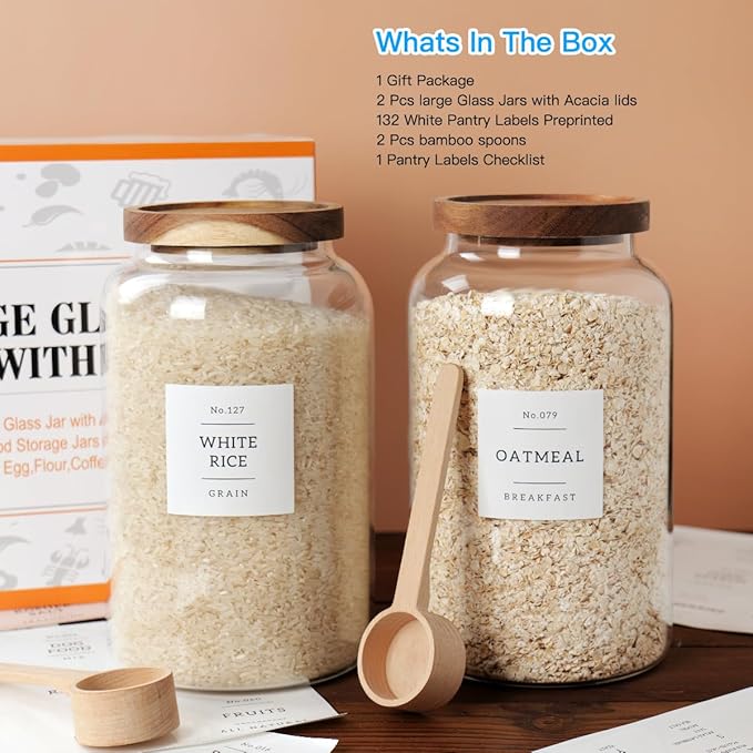 2 PCS Large Glass Jar with Airtight Lid, Glass Food Storage Jars for Tea,Spice,Cereal, Egg,Flour,Coffee and More(98 FL OZ/2800 ml)-CasaMuseHome