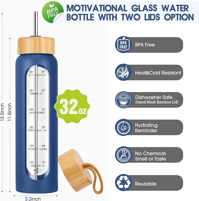 32 oz Glass Water Bottle with Straw - Motivational Time Marker & Silicone Sleeve - Reusable Tumbler Includes 2 Bamboo Lids & Fruit Infuser - 1 Pack-CasaMuseHome