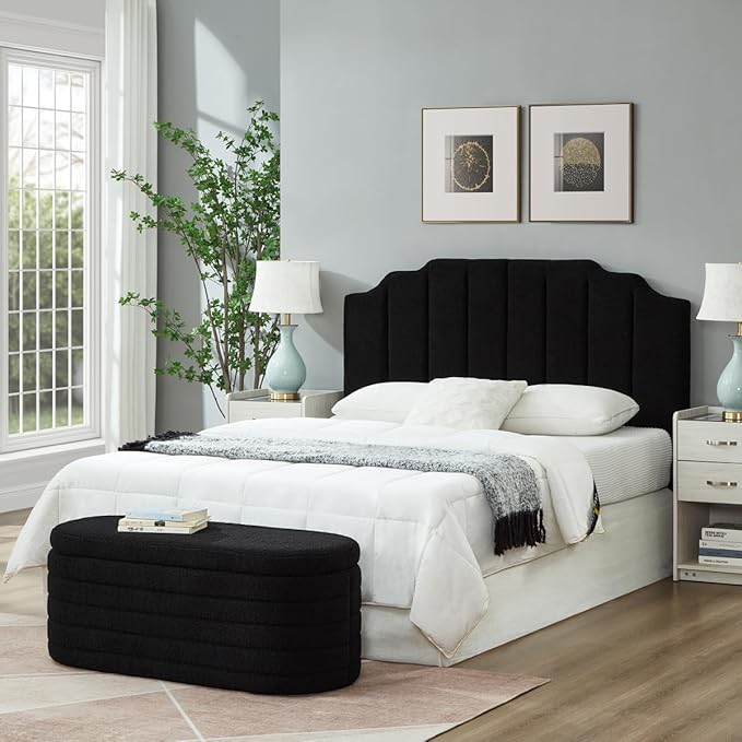 24KF Black Teddy Fabric Tufted for Queen Upholstered Headboard, Modern Vertical Channel Design Full Headboard with Stepped Silhouette Top Edge, 6026-Q-Teddy Black-CasaMuseHome