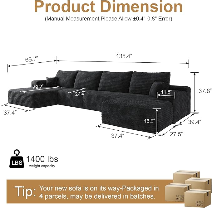136" Sectional Couches for Living Room Modern Modular Sofa with L-Shape Couchs Upholstered Boneless Couch Deep Seat Sectional Couch with Chaise (Black, Left Facing Chaise+3Seaters+Ottoman)-CasaMuseHome