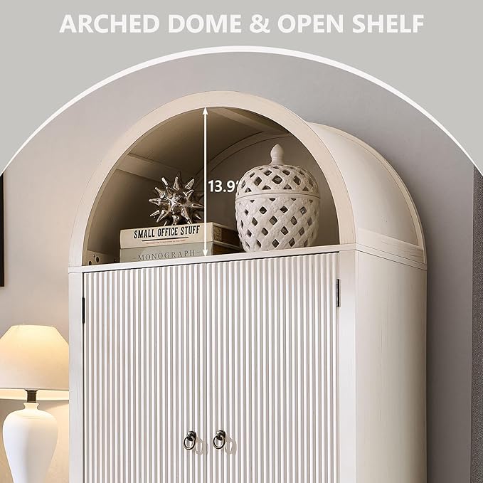 71" Tall Arched Bathroom Storage Cabinet, Modern Fluted Storage Cabinet w/Doors, 3 Adjustable Shelves, 6 Door Shelves, Wood Freestanding Cabinet for Bathroom, Entryway, Hallway, Antique White-CasaMuseHome