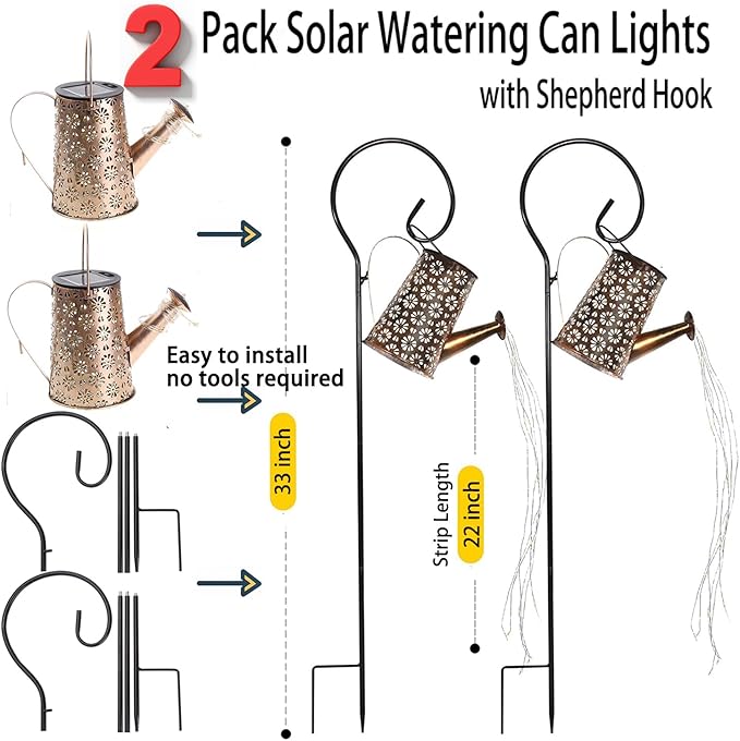 2 Pack Solar Watering Can Lights with Shepherd Hook, 8 Multi-Color Changing Modes, IP65 Waterproof, 60pcs String Lights for Outdoor Garden Pathway Lawn Patio Deck Walkway Courtyard-CasaMuseHome