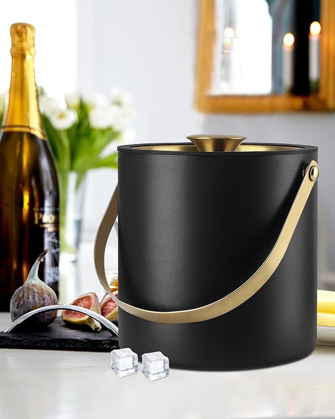 3L Ice Bucket with Silicone Lid, Scoop, Gold Tongs & Strainer, Stainless Steel Double Wall Insulated Ice Buckets for Parties & Cocktail Bar, Outdoor Champagne Ice Container Bin, Black-CasaMuseHome