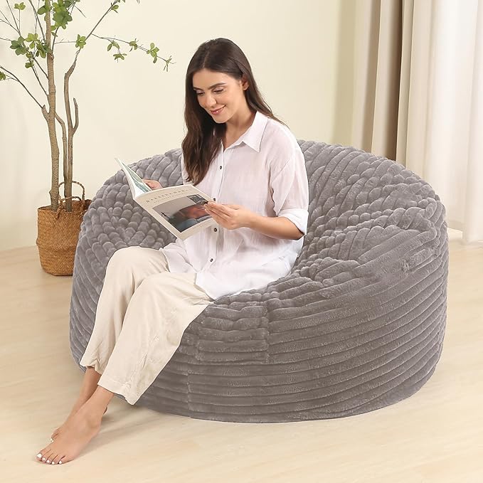 4FT Memory Foam Bean Bag Chair for Adults/Teens, Bean Bag Sofa with Fluffy Removable Cover, for Living Room Bedroom, Grey-CasaMuseHome
