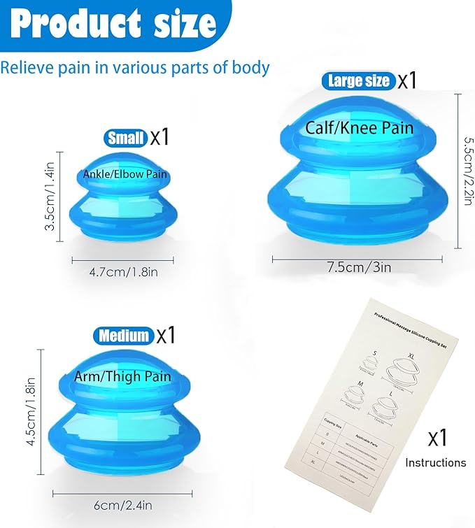 3Pcs Cupping Therapy Set-Professional Silicone Cupping, Suitable for Facial Body Massage/Deep Myofascial Release/Pain Relief/Muscle Relaxation & More (Blue,3pcs)-CasaMuseHome