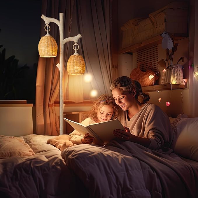 68" High Farmhouse Rustic Country Cottage Floor Lamp Tree Trunk Faux Wood Column White Washed Wicker Drum Shade Decor for Living Room Bedroom Reading Room-CasaMuseHome