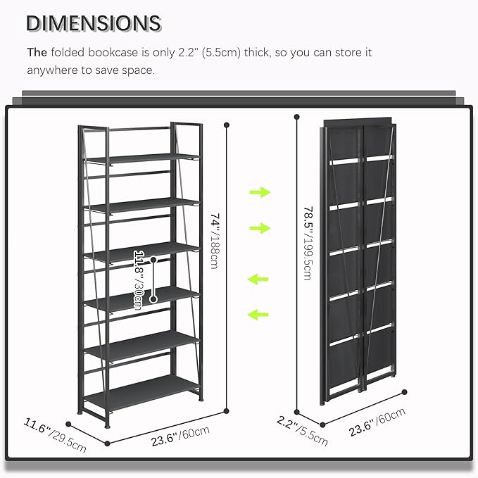 4NM No Assembly Foldable Bookshelf, 6-Shelf Collapsible Bookcase Storage for Small Spaces, 74" H, All Black-CasaMuseHome