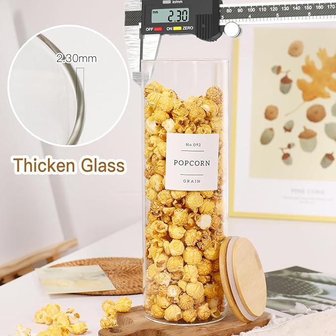 3 Pack Glass Jar with Airtight Bamboo Lid and White 132 Kichen Pantry Labels Preprinted - 70 Oz Clear Tall Glass Food Storage Containers set For Noodles Pasta Spaghetti-CasaMuseHome