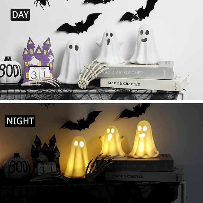 3 Pack Halloween Ceramic Ghost Decor, Light Up Ghost Halloween Decor, Cute Ghost Figurines for Table Tray Fireplace Home Indoor Decoration-CasaMuseHome